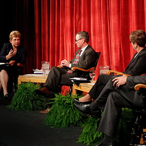 Hartwick College President Margaret L. Drugovich,moderates a panel discussion with three top hospital executives on October 5, 2018, in honor of the nursing program's 75th anniversary.
