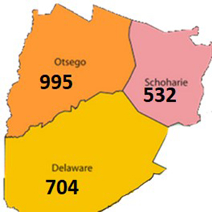 Three-county area map showing numbers of farms in each
