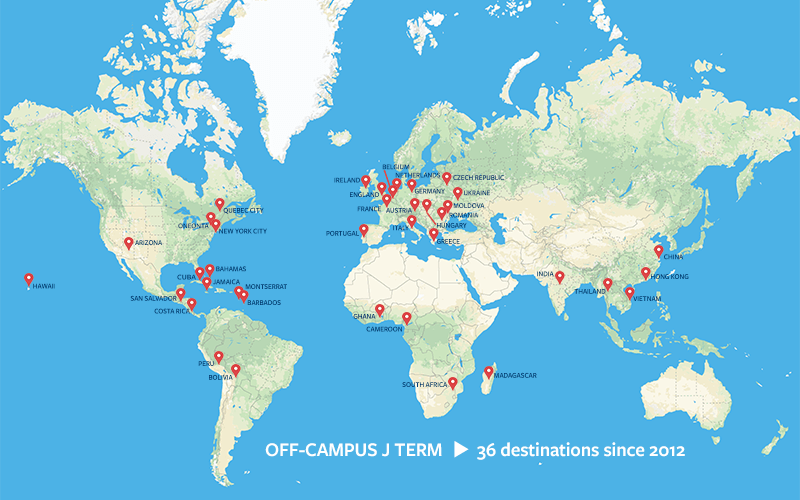 Graphic Map of World with Hartwick J Term Destinations Since 2012