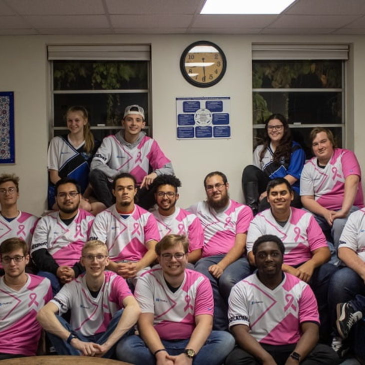Hartwick College eSports club in pink jerseys for Breast Cancer Awareness Month