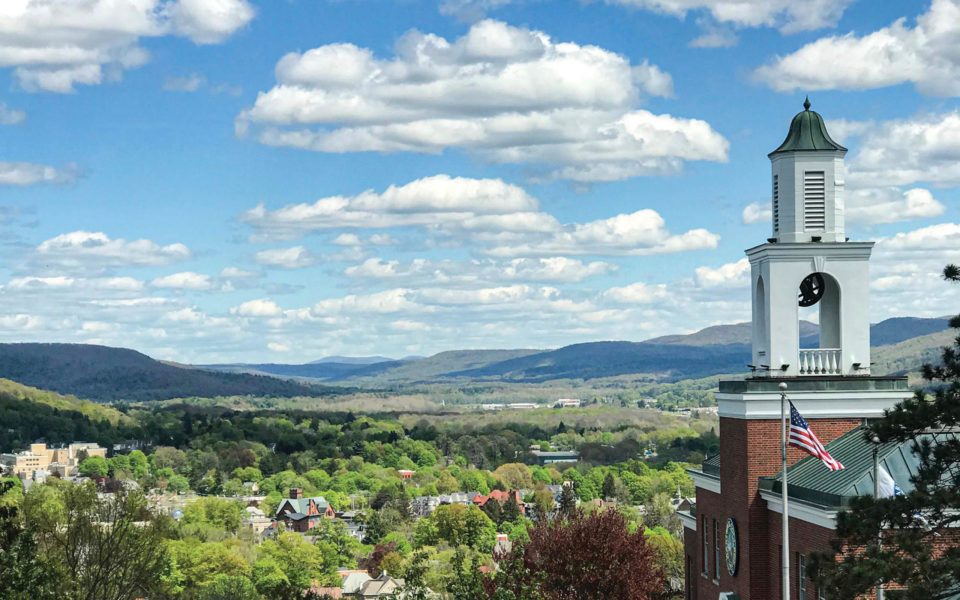 Hartwick College view of Yager Bell Tower on sunny spring day