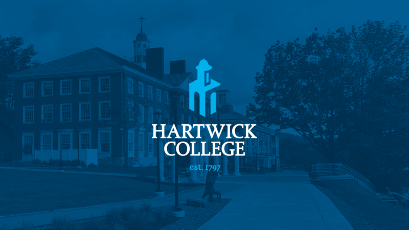 Hartwick College logo over view of Bresee Hall from Founders' Way desktop device wallpaper