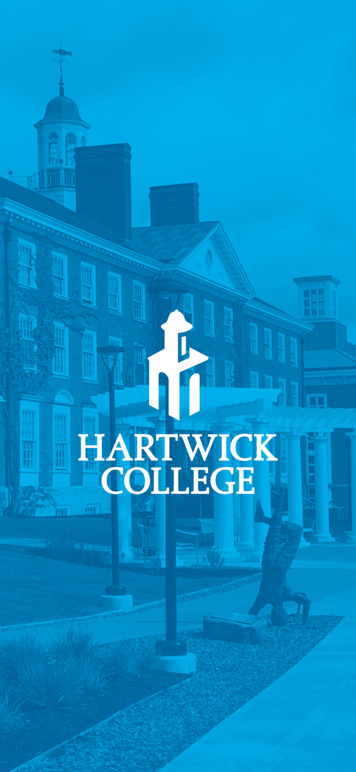 Hartwick College logo over image of Bresee Hall on Founders' Way