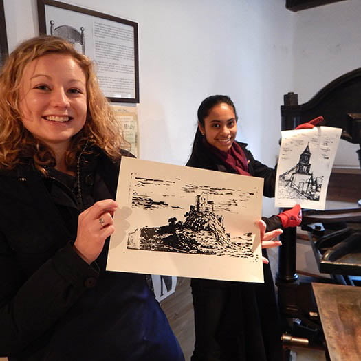 Art History students in print studio during J Term program in Europe