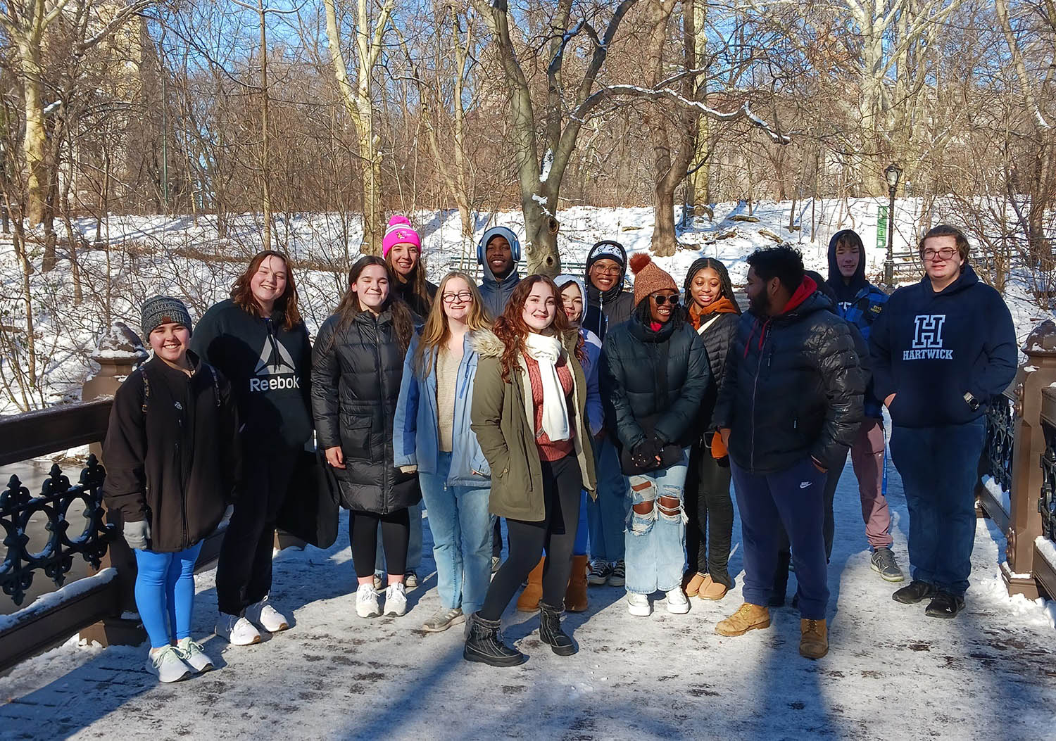 Hartwick College students on bridge in Central Park, NYC during J Term course