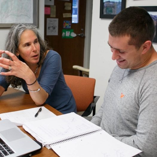 Faculty member interacting with student