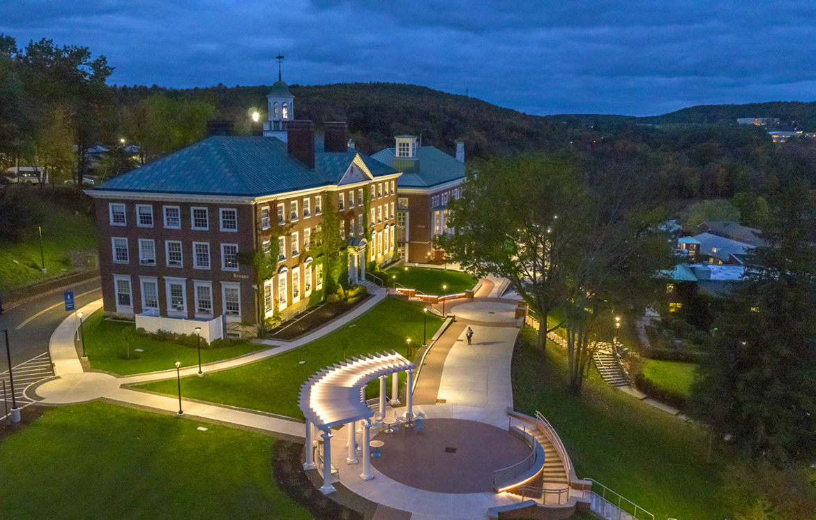 Bresee Hall, Founders' Way on Hartwick Campus in the evening