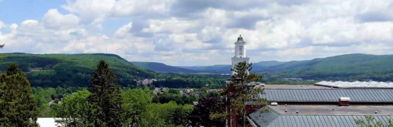 Hartwick College campus view of Yager Hall bell tower