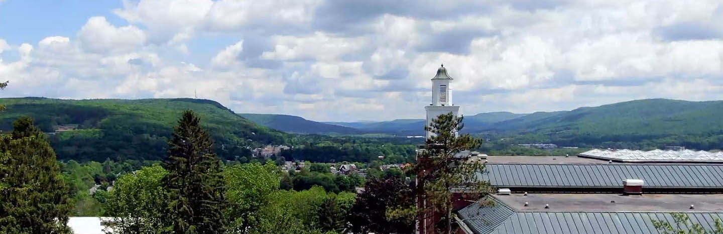 Hartwick College campus view of Yager Hall bell tower