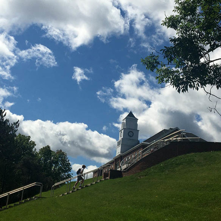 View up the hillside to Golisano Hall, Hartwick College