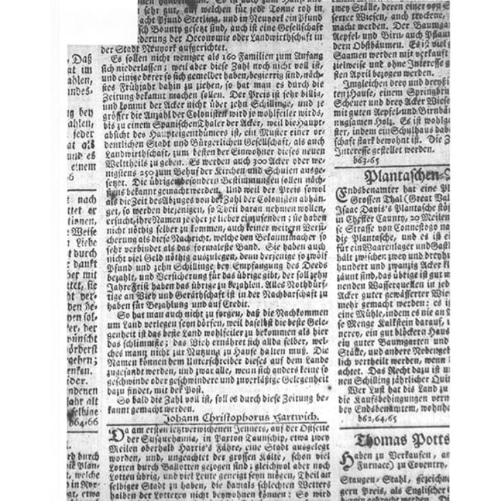 1765 Philadelphia German Language Newspaper article about land available in the Susquehanna River Valley