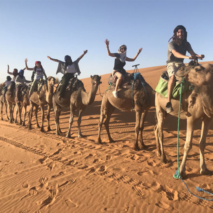 Hartwick students riding camels in the African dessert, Africa