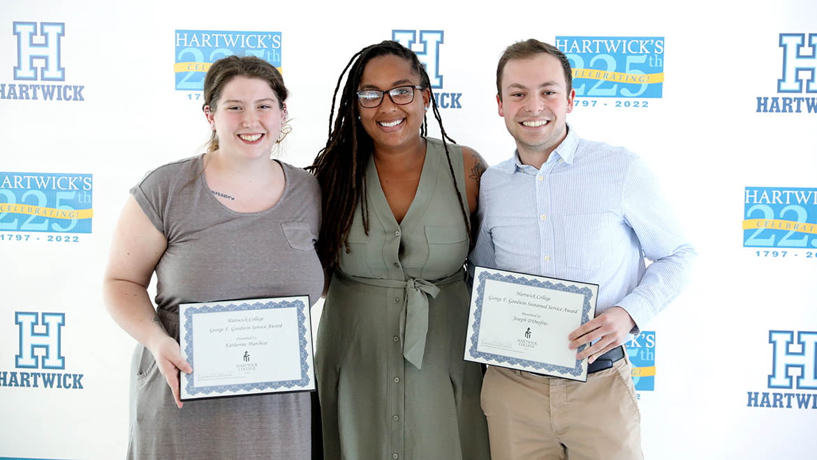 George F. Goodwin Service Award recipients Katherine Marchese '23 and Joseph D'Onofrio '22 with Assistant Director of Admissions Maya Aponte-Whaley