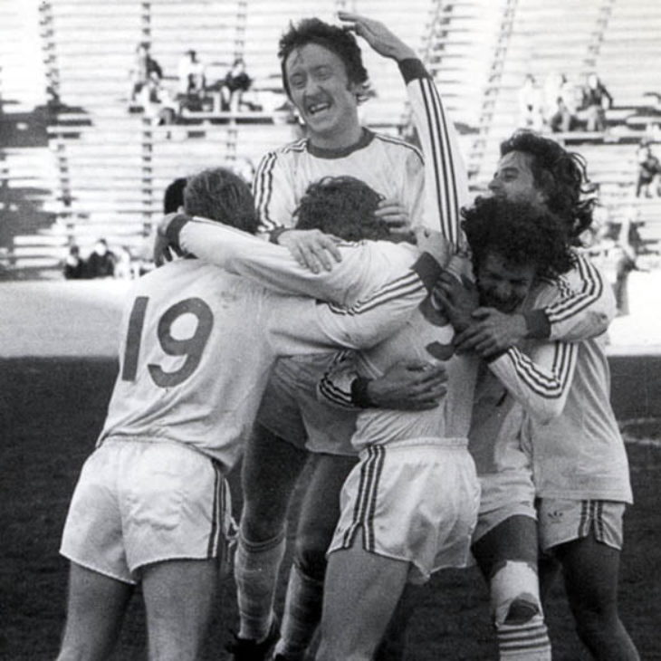 Hartwick College 1977 men's soccer players celebrate championship