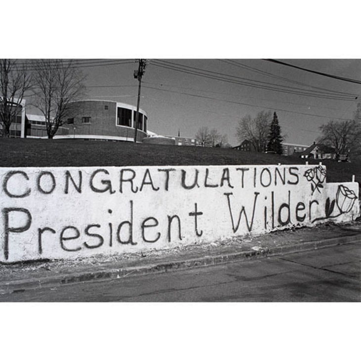 Congratulations message painted on West Street Wall for President Wilder's inauguration