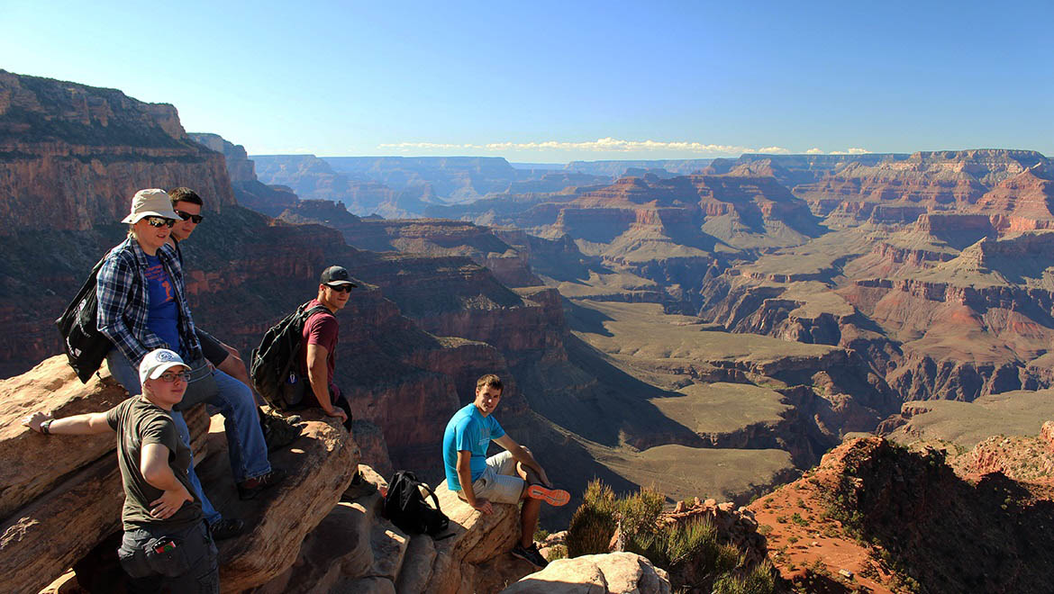 Hartwick College geology students and faculty on Kaibab Trail overlooking the Grand Canyon