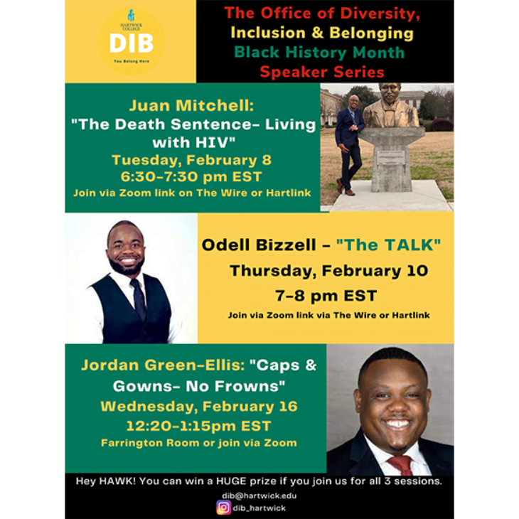 Hartwick College DIB Informational Event flyer highlighting Black Diaspora Celebration Month speakers