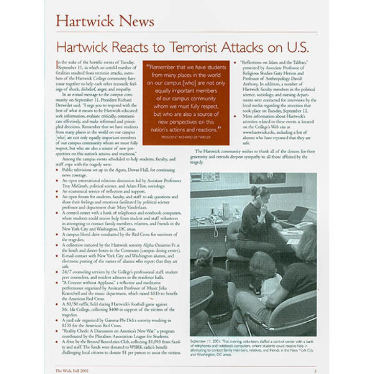 Article about Hartwick's response to 9/11