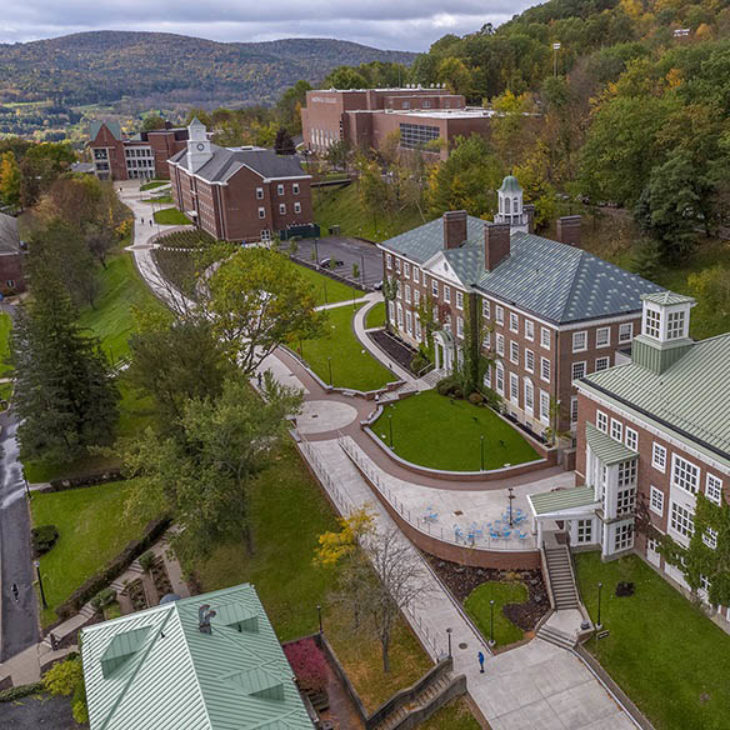 Hartwick College drone view of campus on Oyaron Hill