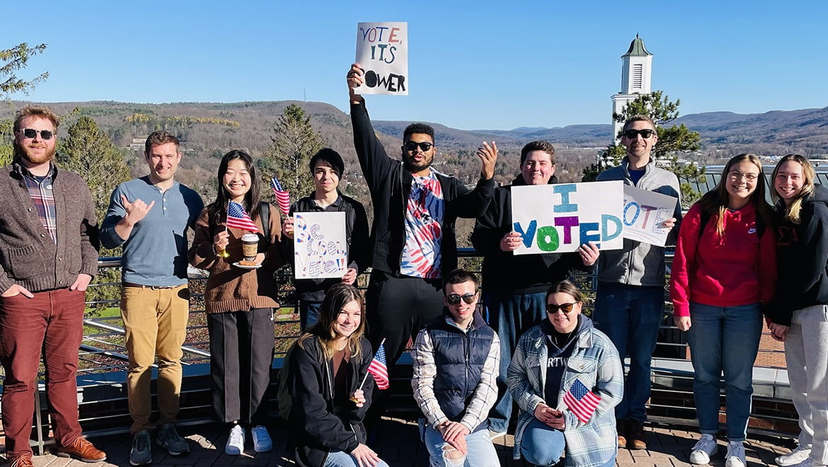 Hartwick College students and alumni employees gather on Election Day morning before voting.
