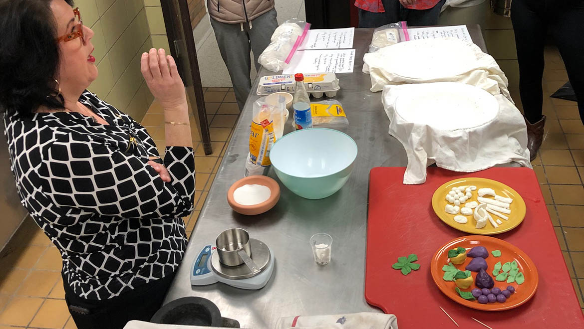 Terry-Fritsch in prep kitchen before mixing up batches of the sugar paste and used it to make small fruits, pearls, and cameo medallions