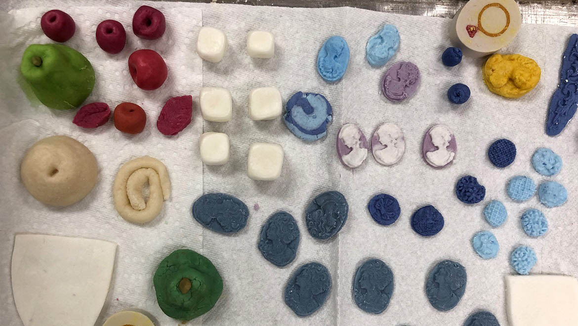 Hartwick College art exhibition: sugar paste small fruits, pearls, and cameo medallions