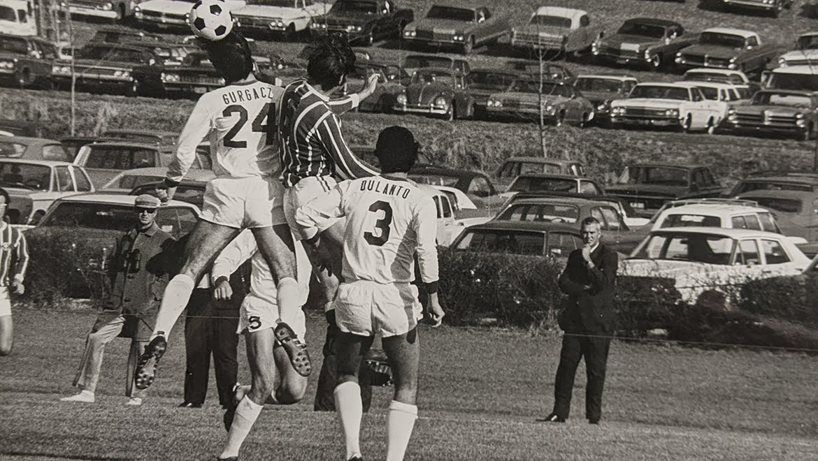 1970Hartwick College soccer players during a game