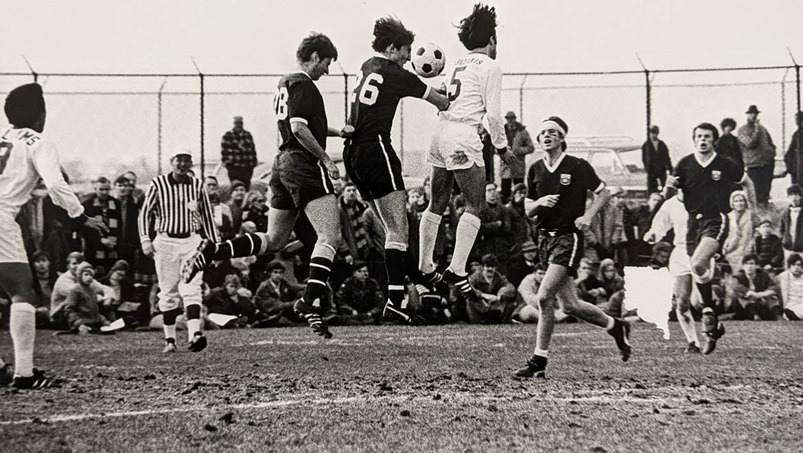 1969 Hartwick College soccer players during a game