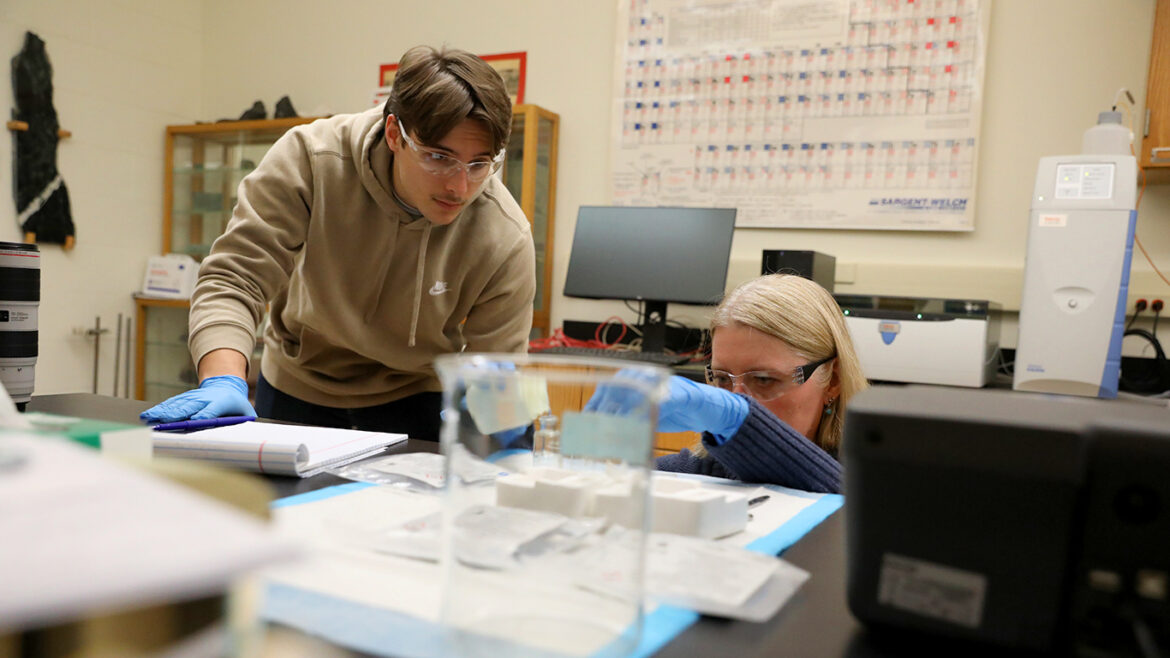 Hartwick College Professor of Geology Zsuzanna Balogh-Brunstad in lab with student