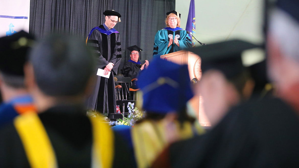 Bunn Award for Outstanding Teaching recipient Dr. Karl Seeley with Dr. Laurel Bongiorno, Vice President of Academic Affairs