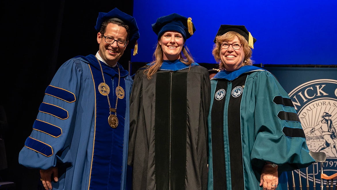 Teacher-Scholar Stephanie Carr with President Reisberg and VP Academic Affairs & Dean of Faculty Laurel Bongiorno