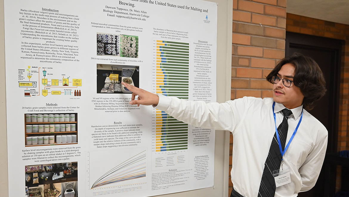 Hartwick College student presenting during poster session of Student Showcase 2023