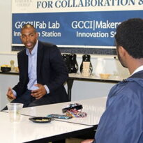 Anthony Delgado speaking with students at Hartwick College
