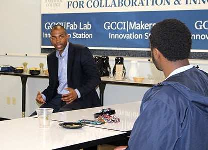 Anthony Delgado speaking with students at Hartwick College