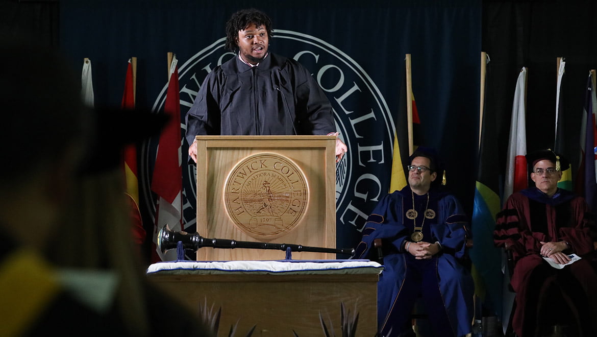 Hartwick College Student Government President Noah Hurt ’24 speaks at 2023 Opening Convocation