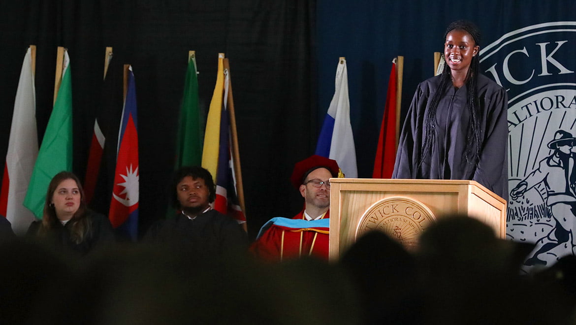 Hartwick College student Nicole Chaora ’24 speaks at 2023 Opening Convocation