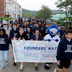Hartwick College new students with President Darren Reisberg during Class of 2027 First Walk on Founders' Way