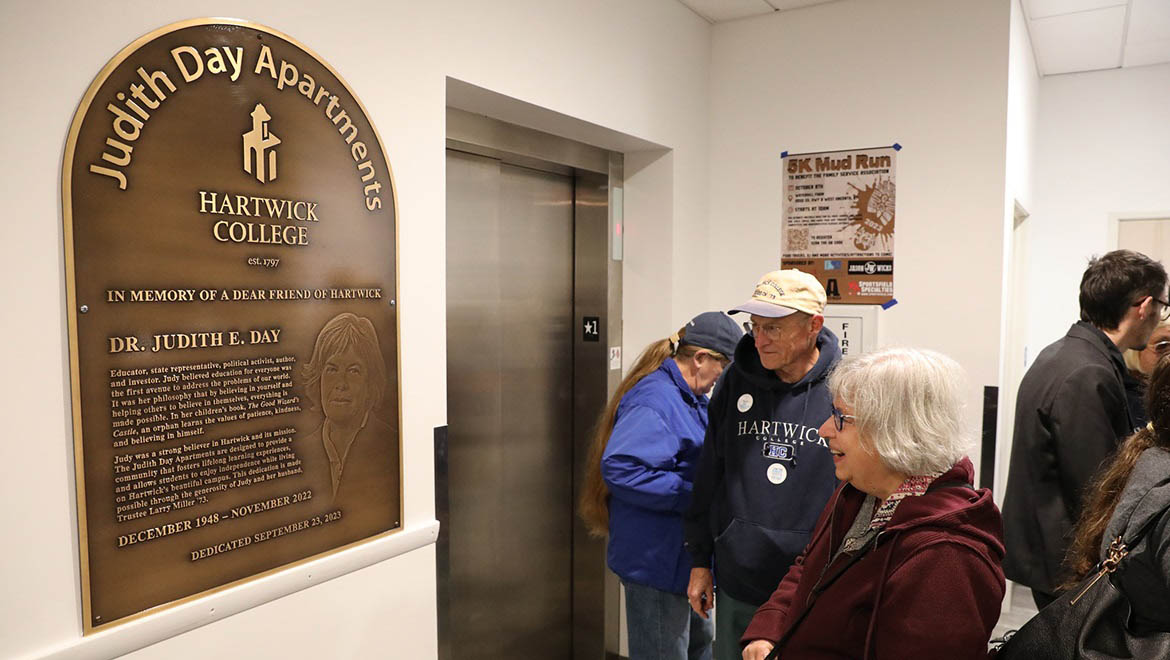 Dr. Judith Day memorial plaque in the Day Apartments, Hartwick College