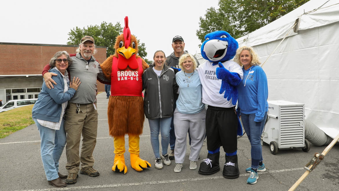Hartwick students, families and alumni enjoy Brooks BBQ and meeting Brooks mascot and Swoop, Hartwick College's mascot