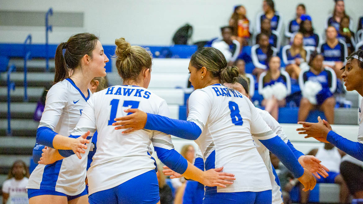 Hartwick College volleyball players during game in Lambros Arena on True Blue Weekend