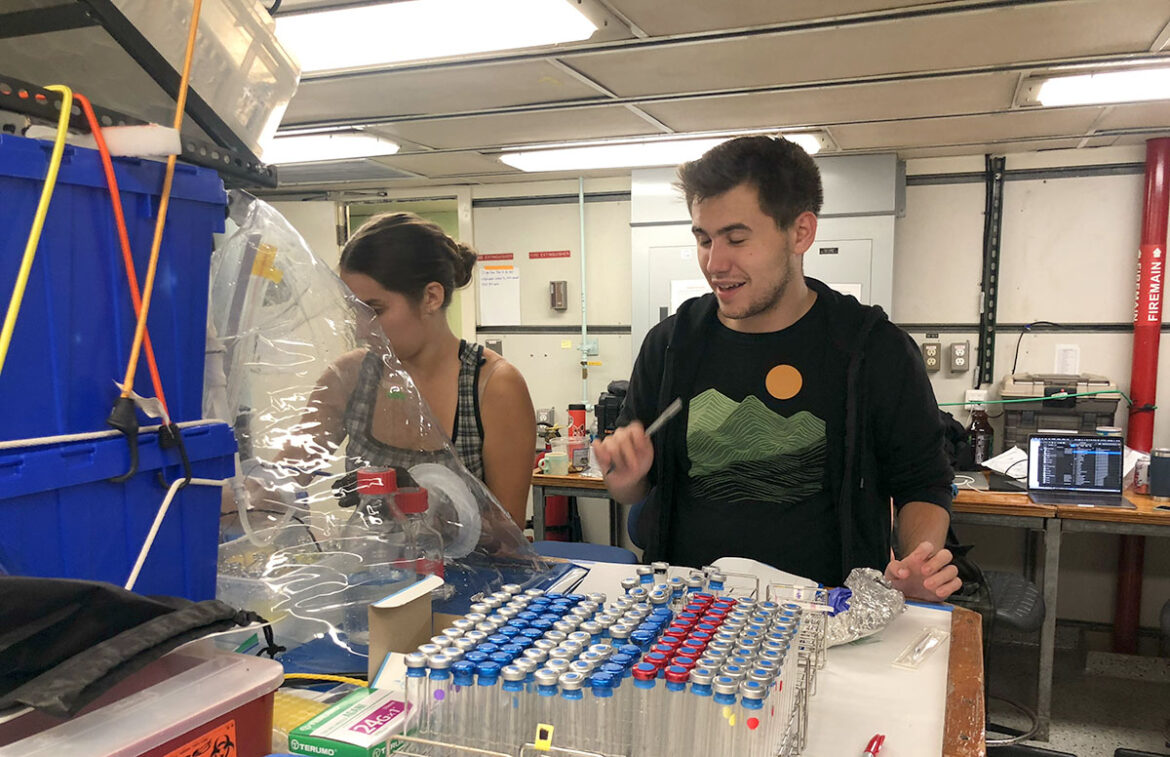 Students doing research on the ship