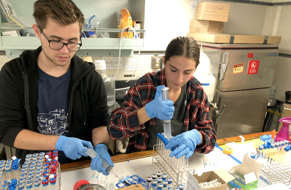 Students doing research on the ship