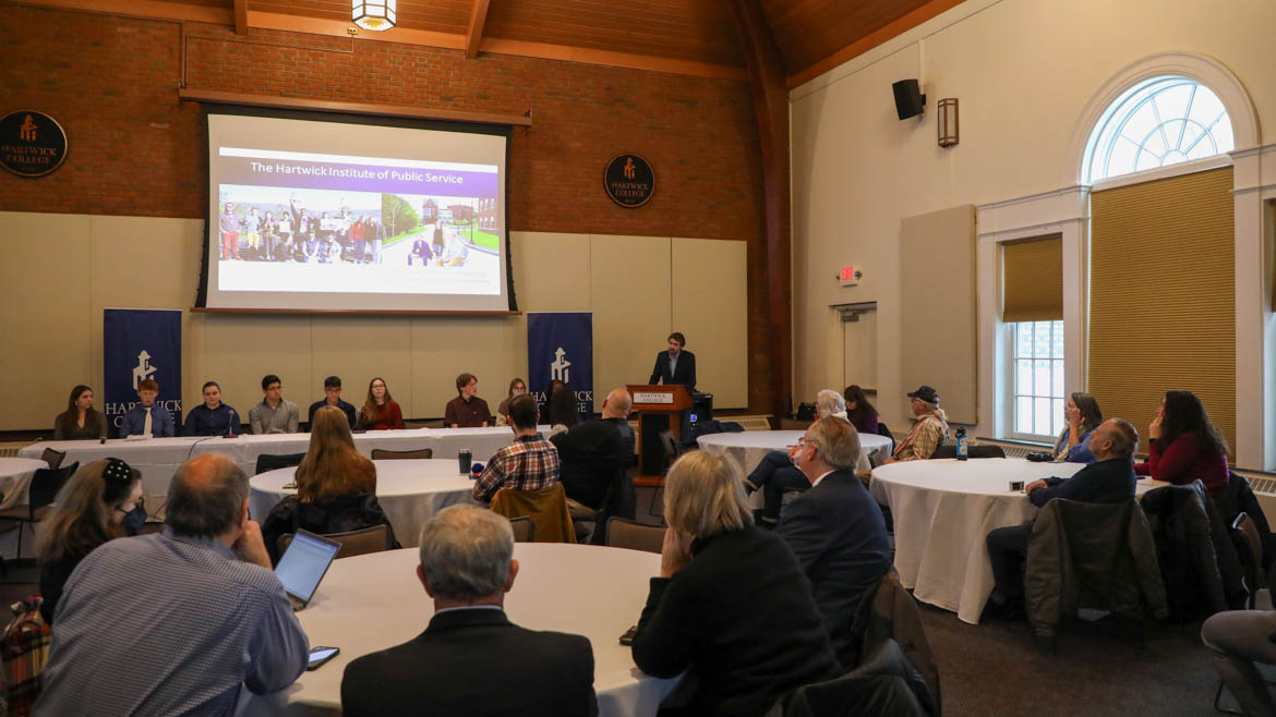 The Hartwick Institute of Public Service High School Essay & Video Competition panel discussion lead by Institute co-director Zachary McKenney