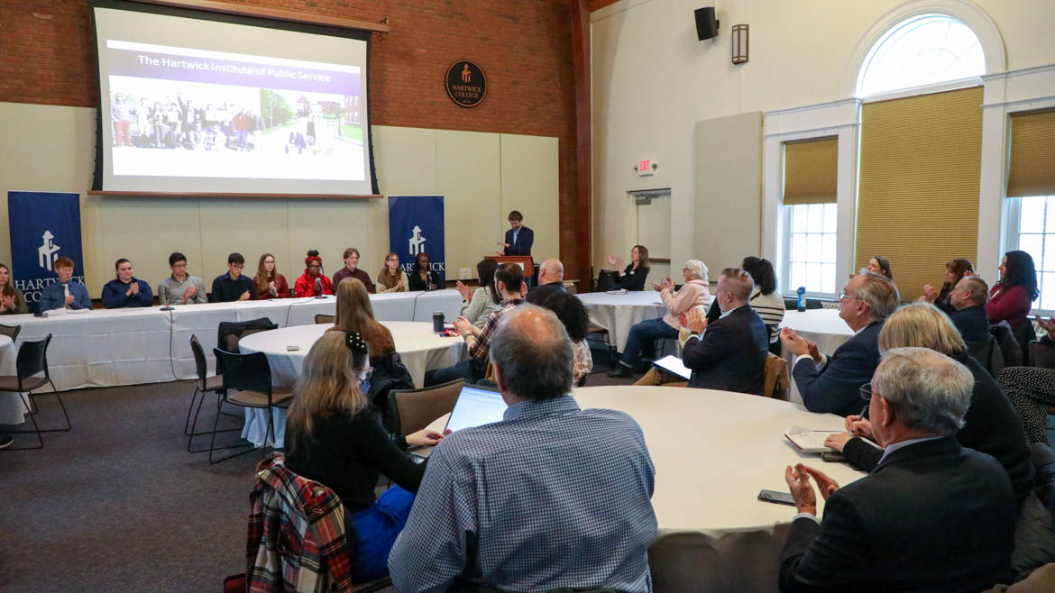 The Hartwick Institute of Public Service High School Essay & Video Competition panel discussion lead by Institute co-director Zachary McKenney