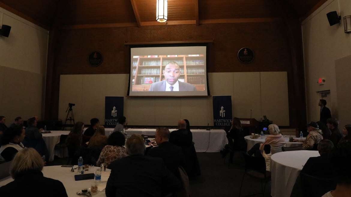 Lt. Gov. Antonio Delgado makes closing remarks at the The Hartwick Institute of Public Service High School Essay & Video Competition Awards Ceremony & Panel Discussion at Hartwick College