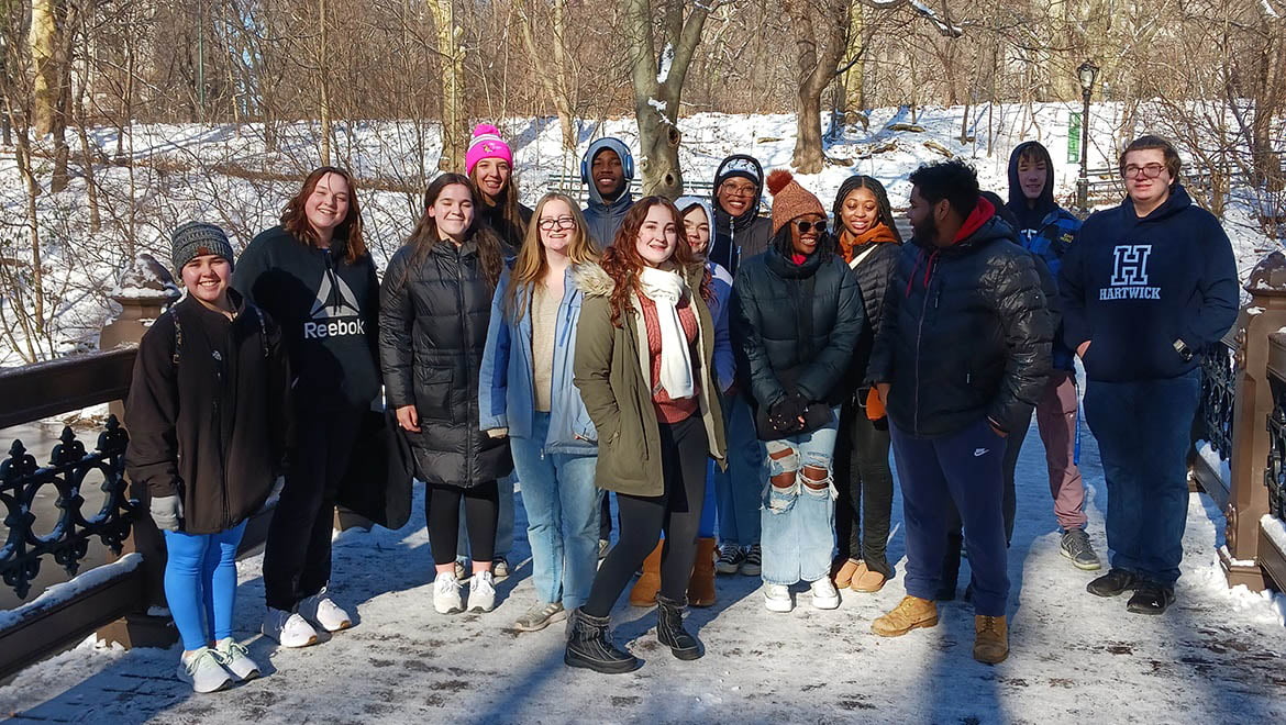 Hartwick students in NYC Central Park during filed trip for J Term Course Monsters and Musicals