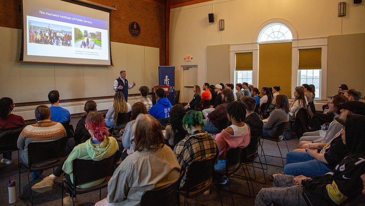 US Representative Marc Molinaro speaking with Hartwick College students about public service