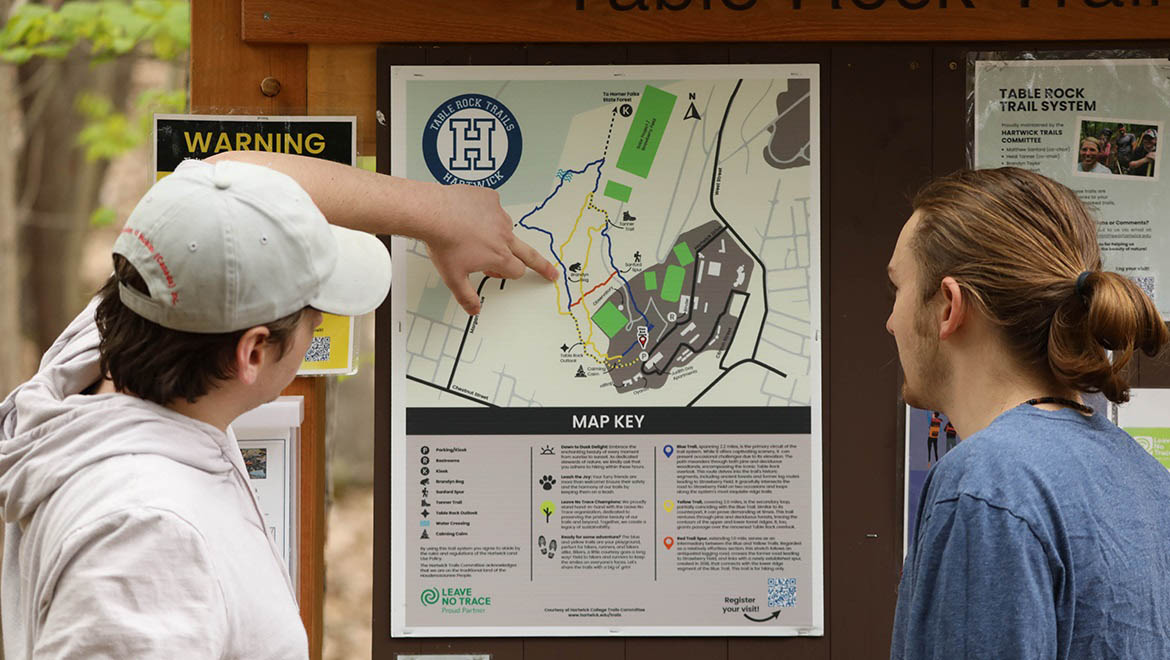 Hartwick College Students looking at trail map before hiking Table Rock Trails
