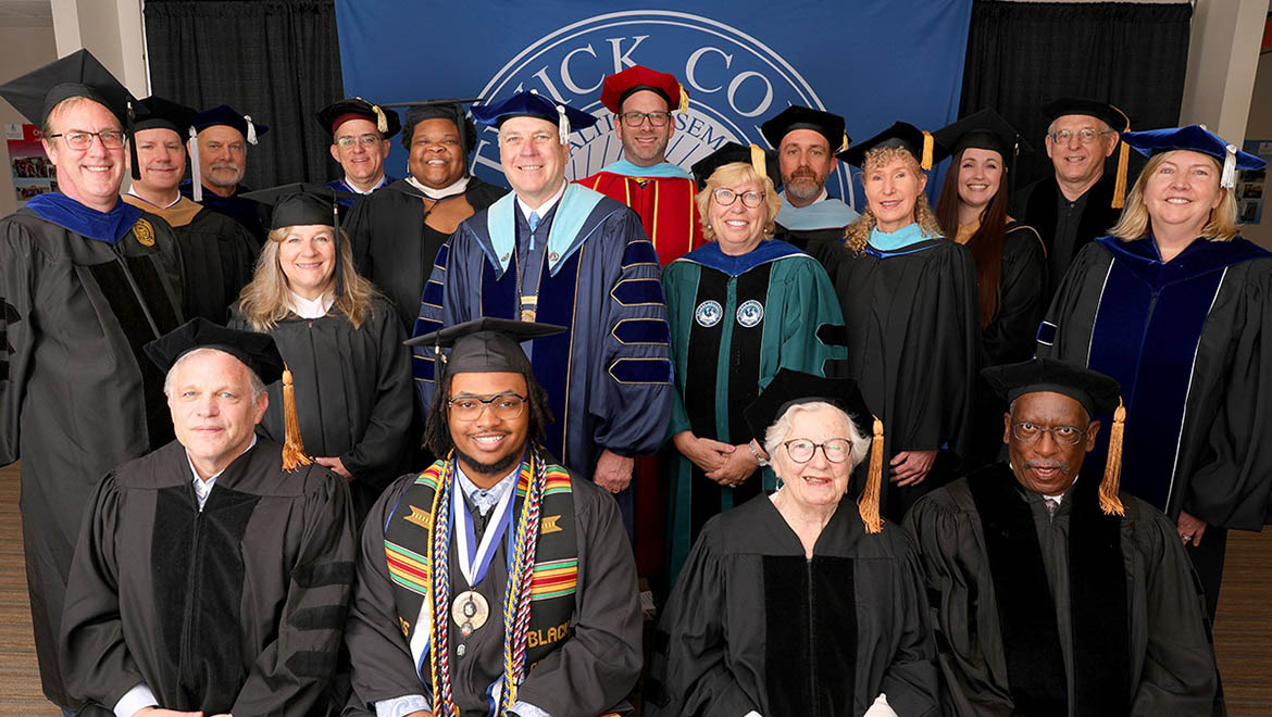 Hartwick College 92nd Commencement Platform Party before the ceremony; College's Senior Leadership Team, President Mullen, Noah Hurt '24, and Honorary Degree Recipients: Douglas Brinkley, Linda Tarr-Whelan, Harry Bradshaw Matthews, President's Medal recipients Thomas Meredith '73, Raymond (Larry) Laurence Miller Jr. '73, Board of Trustees Chair, Kathleen M. Fallon '88