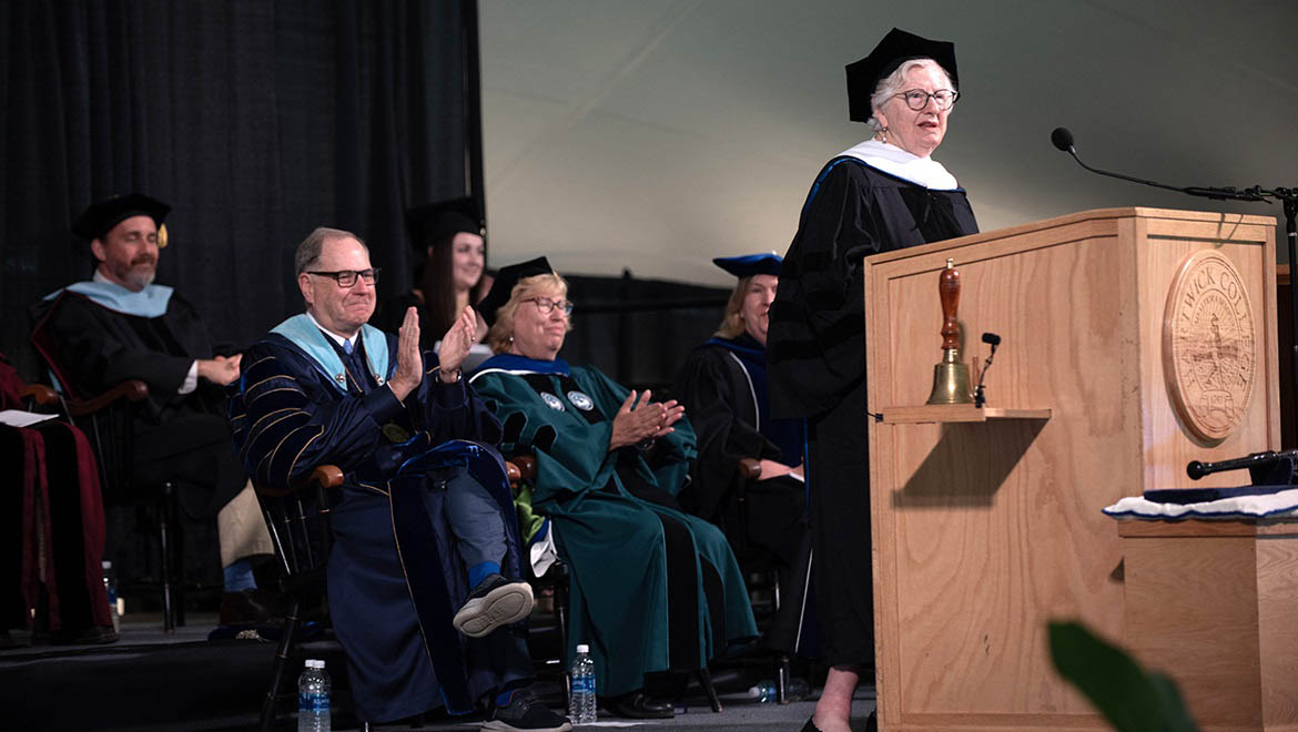 Honorary Degree recipient Linda Tarr-Whelan speaking at Commencement